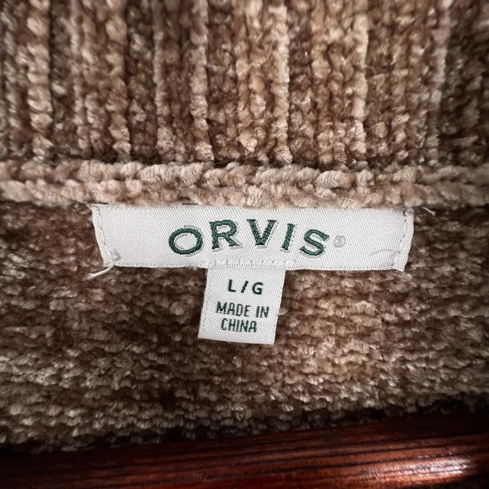Orvis Brown Chenille Cardigan Sweater Shawl Collar Open Front Pockets Large